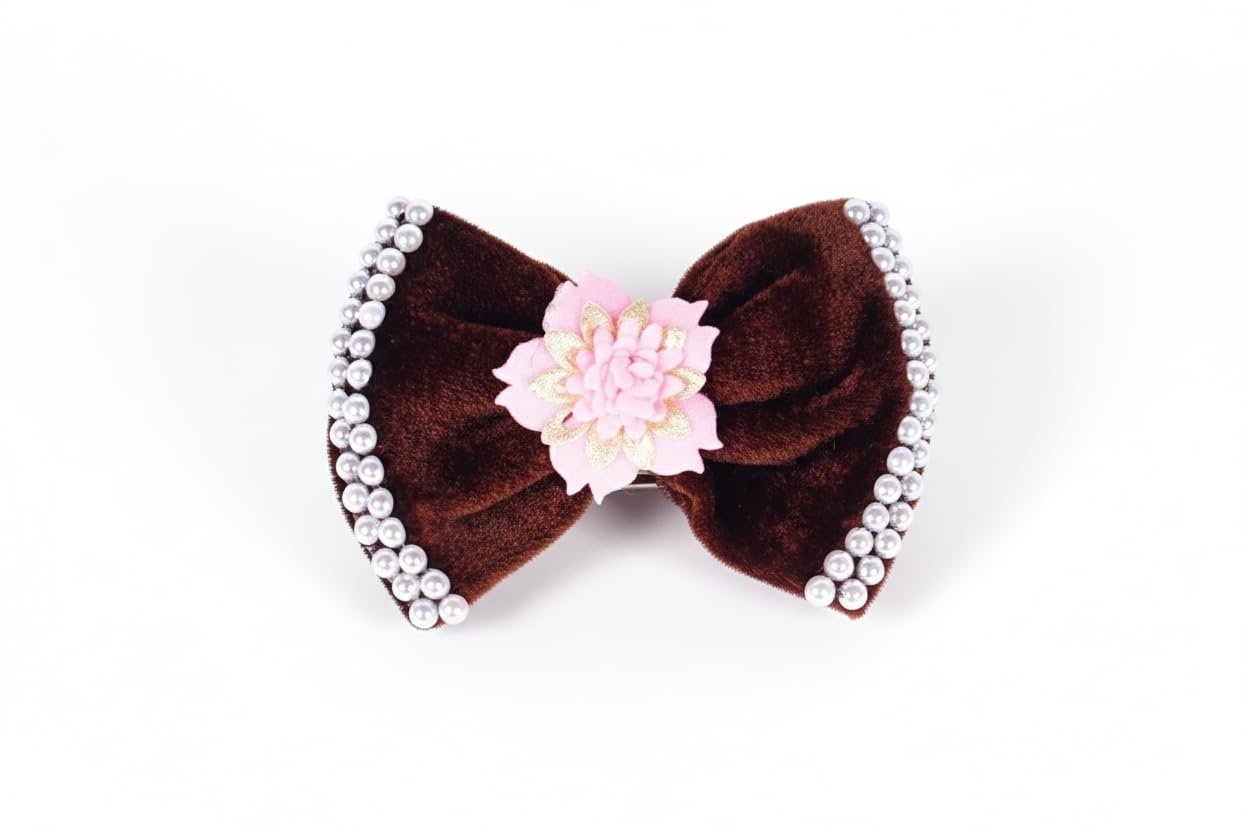 Lerina Handmade Velvet Hair Bow | Stylish Flower Hair Clip for Women & Girls (Brown, Free Size)