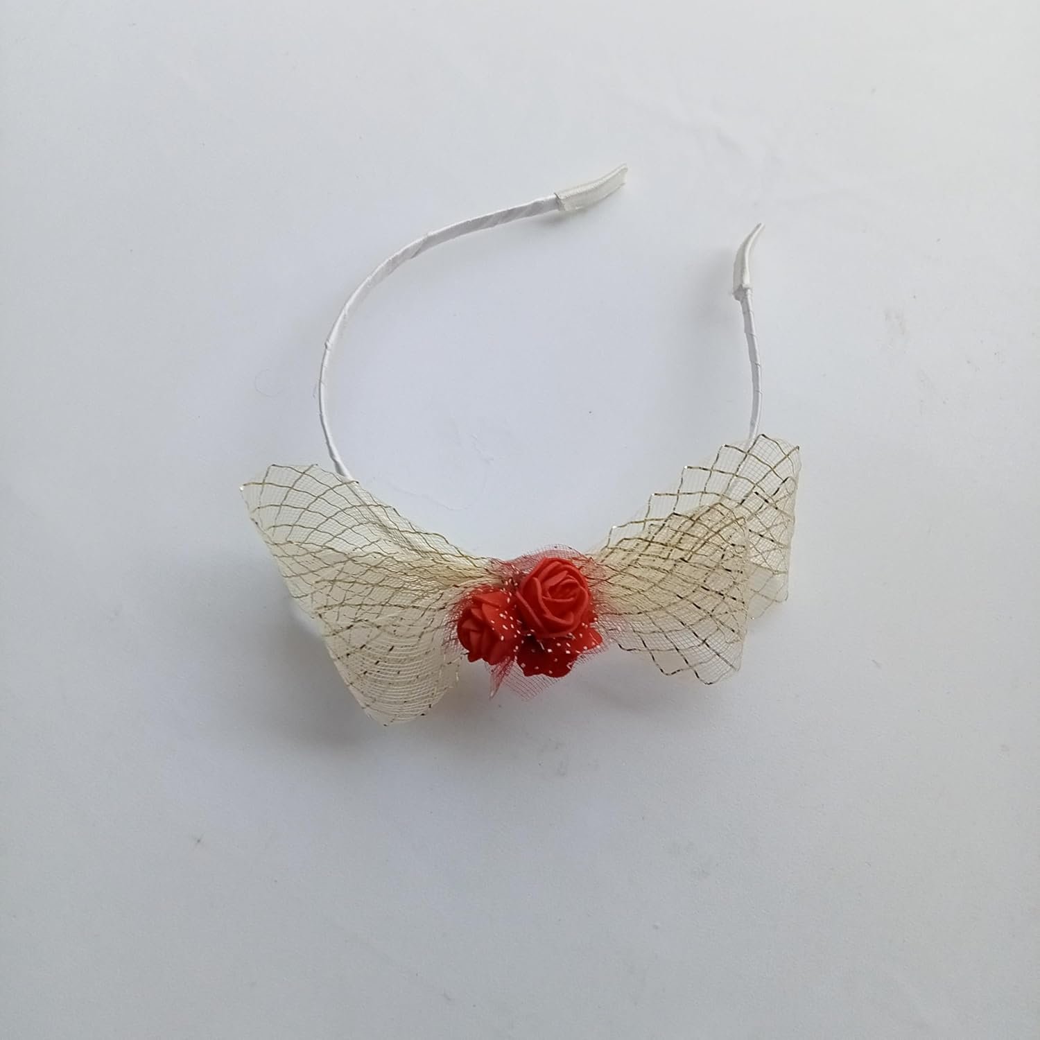 Ori Elegant Net Ribbon Hairband with Red Flower | Handmade Hair Band for Girls & Women (Pink) - Image 2