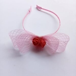 Ori Elegant Net Ribbon Hairband with Red Flower | Handmade Hair Band for Girls & Women (Pink)