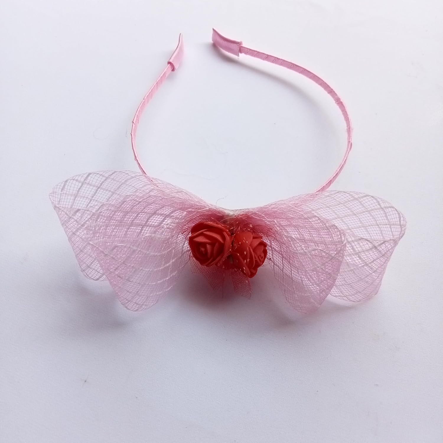 Ori Elegant Net Ribbon Hairband with Red Flower | Handmade Hair Band for Girls & Women (Pink)
