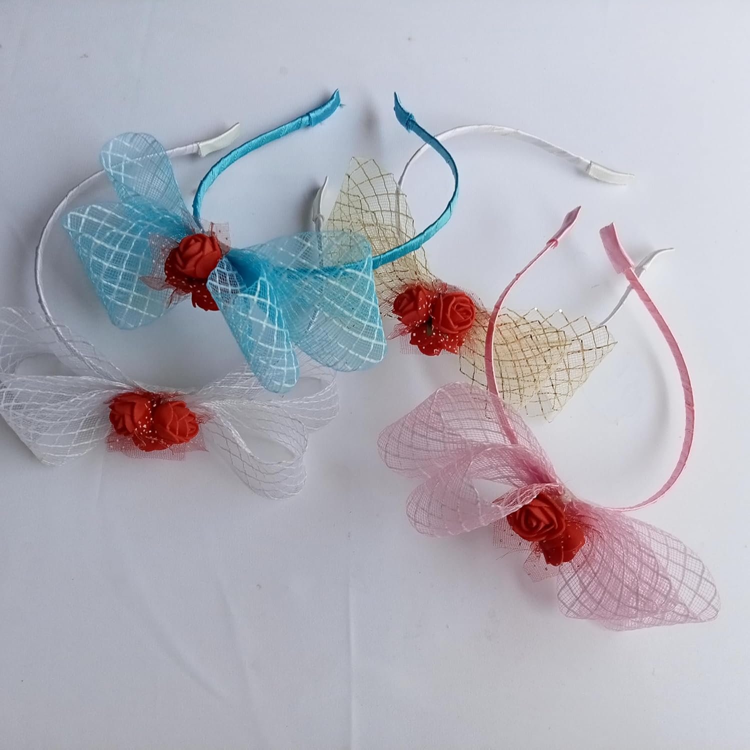 Ori Elegant Net Ribbon Hairband with Red Flower | Handmade Hair Band for Girls & Women (Pink) - Image 3