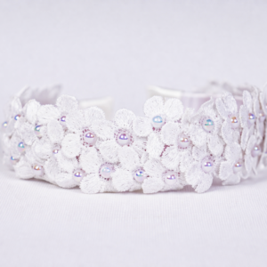 Snow Hairband for Women & Girls | White Ribbon Hair Band with Flower & Pearl Embellishments