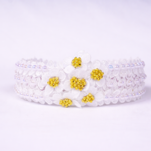 Snow Gold Satin Hair Band for Women & Girls | White Ribbon Hairband with Golden Motif & Flower Detail