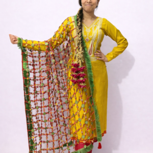 Phulkari Embroidered Net Dupatta with Mirror Work & Tassels for Women