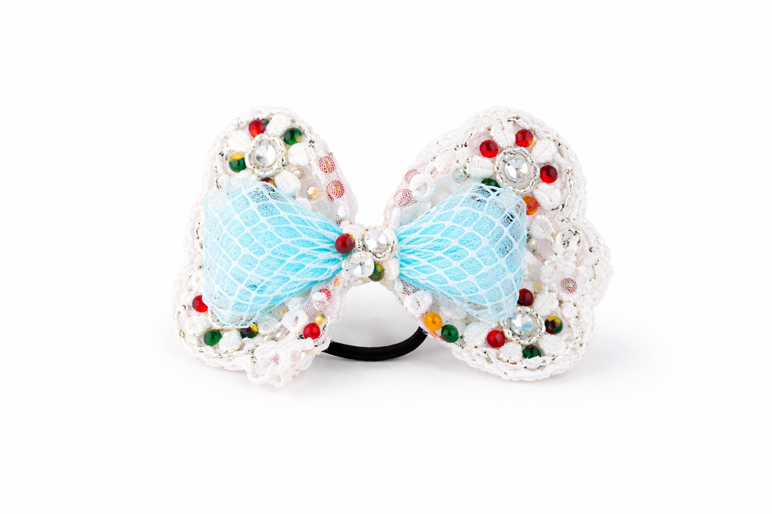 Aeny Handmade Crochet Bow Hair Tie for Girls | Cute Beaded Hair Accessory | Soft Elastic Hair Band - Image 2