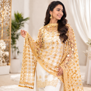 Fairy Gold Designer Net Dupatta for Women | Elegant Embroidered Golden Party Wear Dupatta