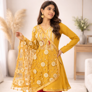 Kesariya Jali Net Dupatta with Floral Embroidery & Mirror Work for Women