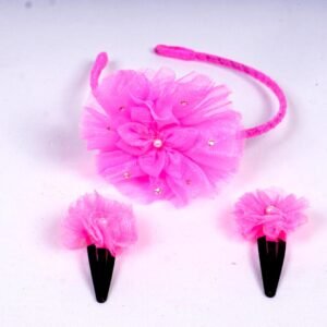 Antho Stylish Hair Band & Clip Set | Pink Net Cloth Floral Design Hair Accessories for Girls